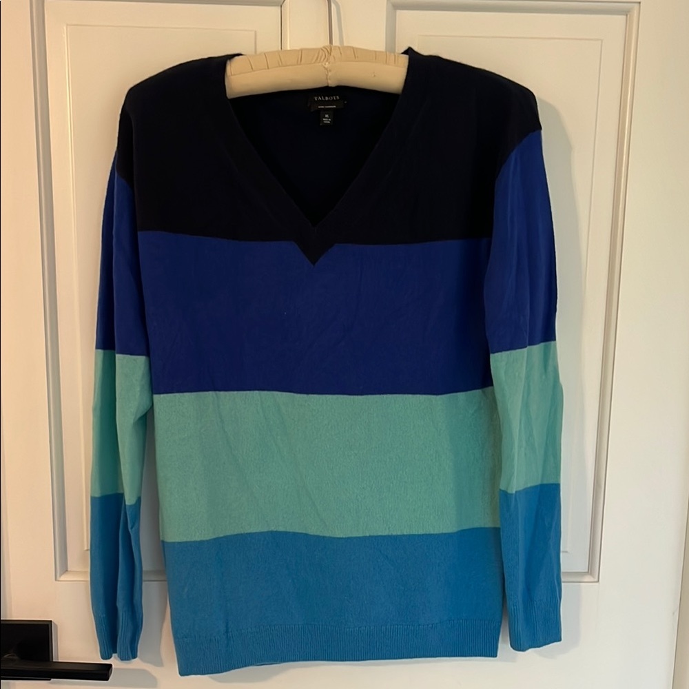 Talbots Striped V-Neck Sweater in Navy, Royal Blue & Aqua
